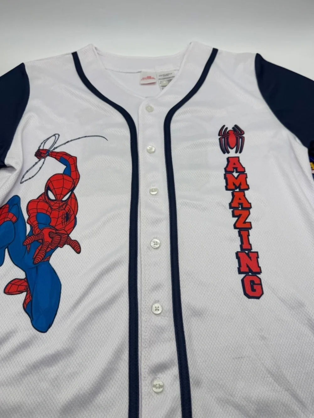 Marvel Spider-Man Baseball Jersey L 14/16 White Navy Button Up Shirt NWT